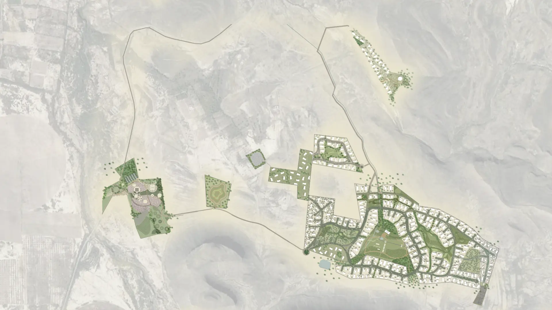 Plano maestro aéreo de Sierto Coahuila con las zonas residenciales, el viñedo y las áreas naturales