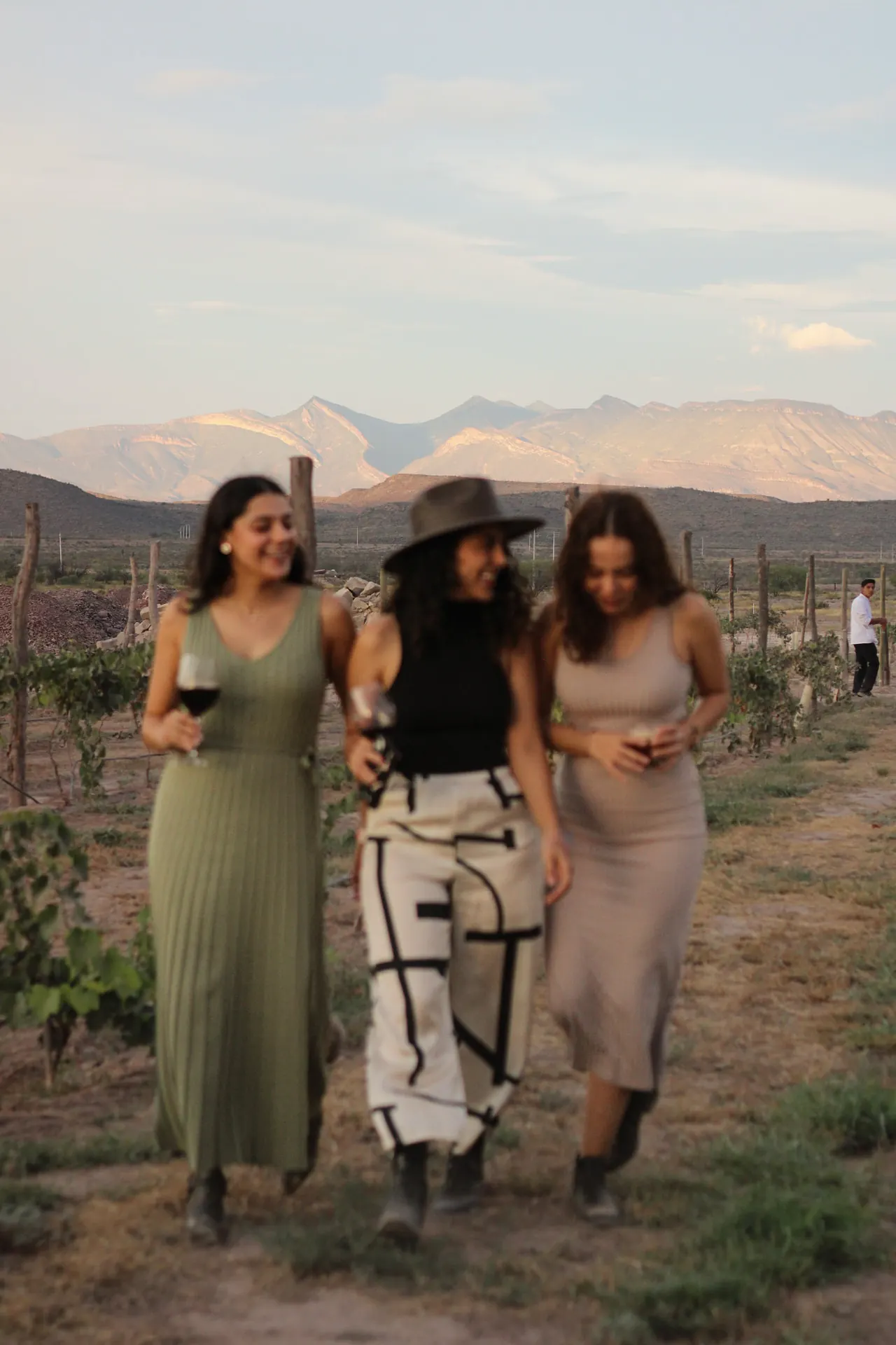 Tres amigas caminando entre viñedos con copas de vino y montañas al fondo