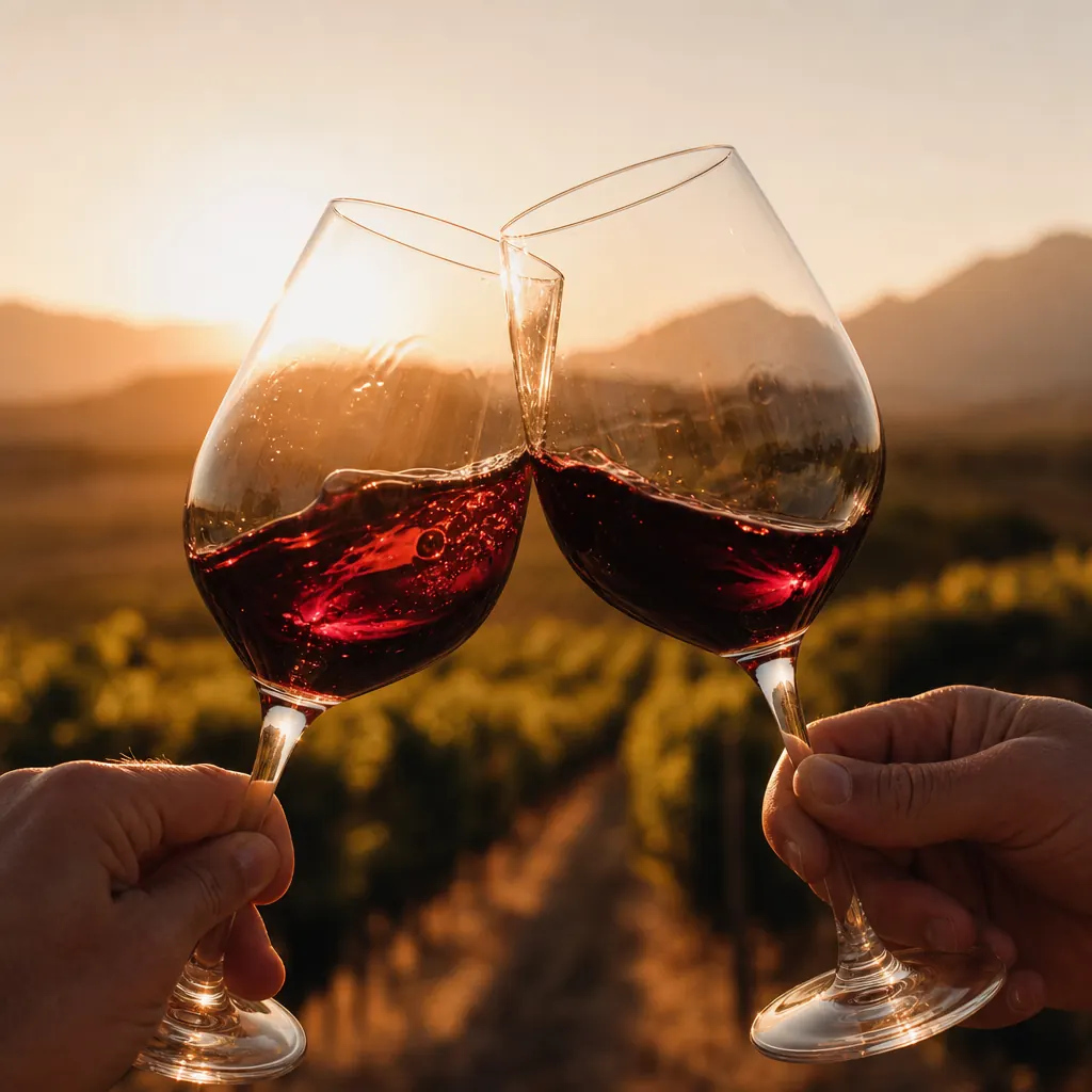Brindis con copas de vino al atardecer en el viñedo