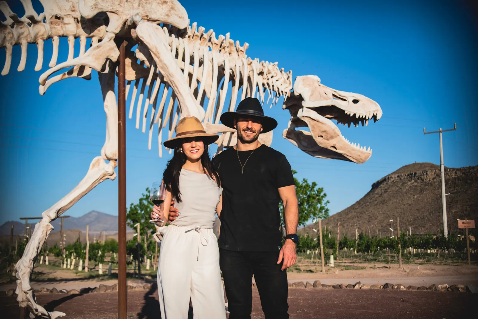 Pareja con copas de vino frente al dinosaurio de Sierto